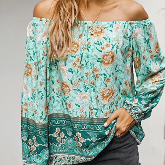Off The Shoulder Boho Balloon Sleeve Top - Picture 1 of 3